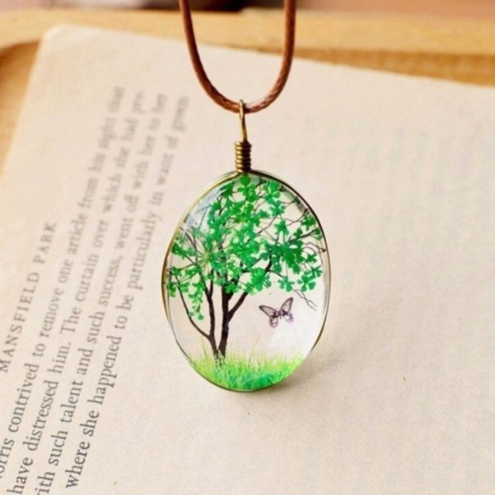 Tree of Life Amber Glass Pendant on Rope Cord